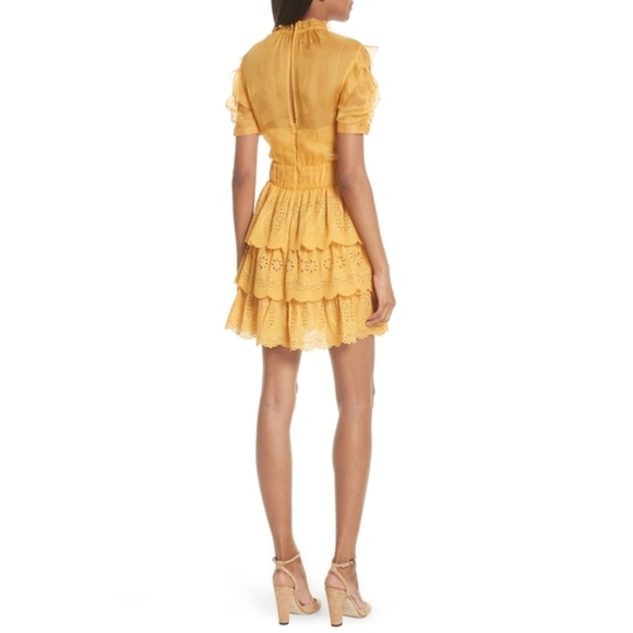 Self-Portrait NWOT Embroidered Chiffon Tiered Mini Dress In Gold Yellow Size 4 - Picture 7 of 16